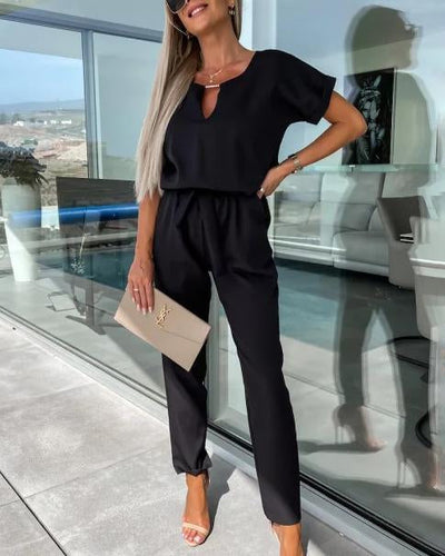 R&B - Eleganter V-Ausschnitt Jumpsuit mit Gürtel für Damen