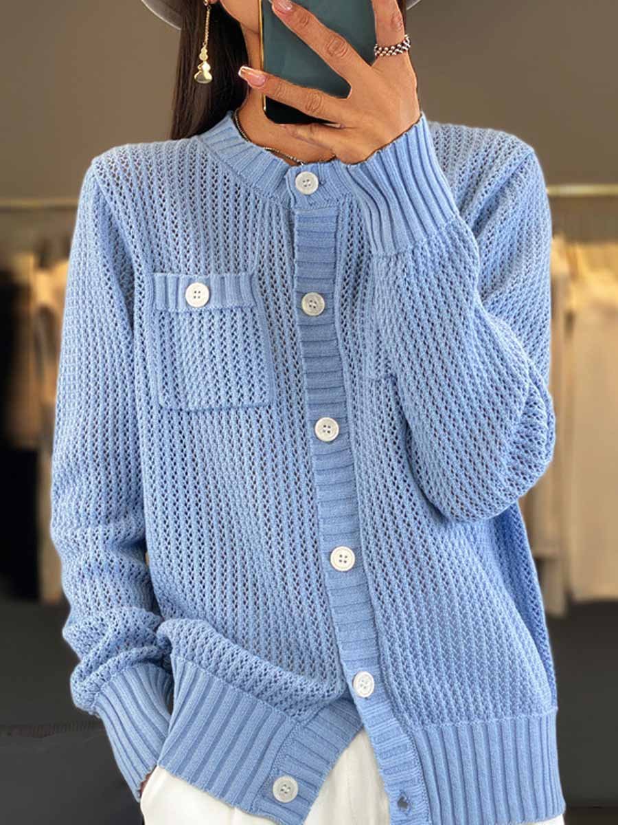 R&B | Cardigan - Rundhals-Taschen-Hohlstrick-Cardigan