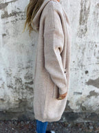 R&B | Strickjacke Lange Offene Front Ribbed Knopfverschluss & Vordertaschen