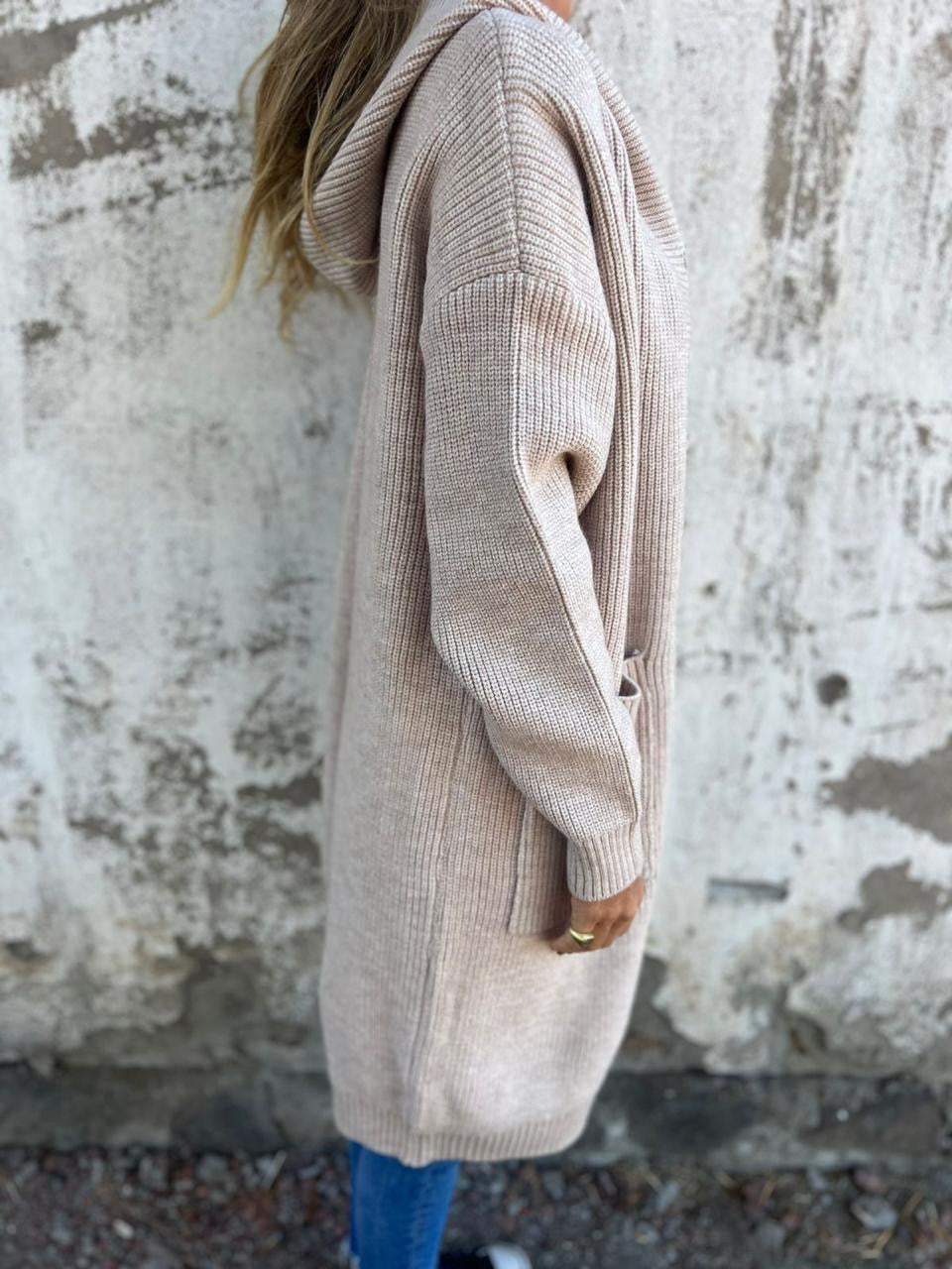 R&B | Strickjacke Lange Offene Front Ribbed Knopfverschluss & Vordertaschen