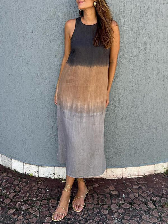 R&B | Luftiges Leinenkleid Aus Baumwolle mit Farbverlauf und Schlitz Am Bein