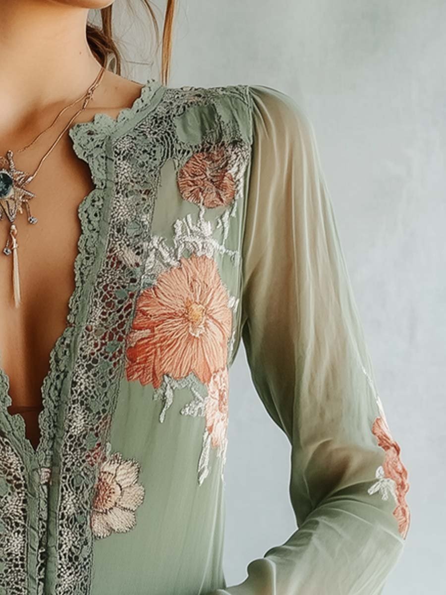 R&B | Boho Bluse Mit Spitze Und Blumenmuster