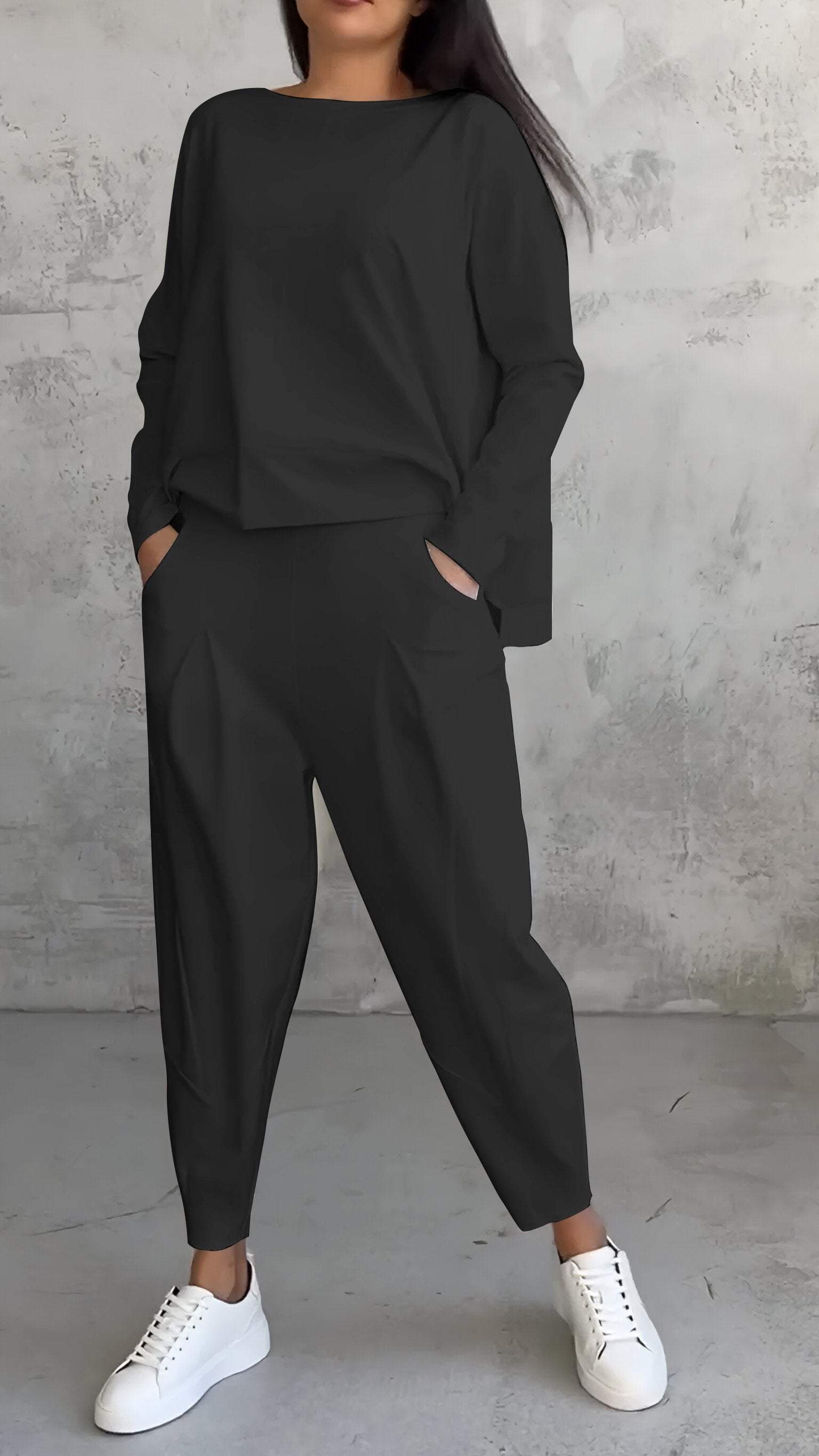 R&B | Lounge Satz Übergröße Top Gerade Hose Weicher Strick Komfort Stil