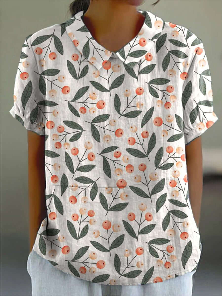 R&B | Damen Casual-Hemd aus Baumwolle mit Obst- und Zweigmuster