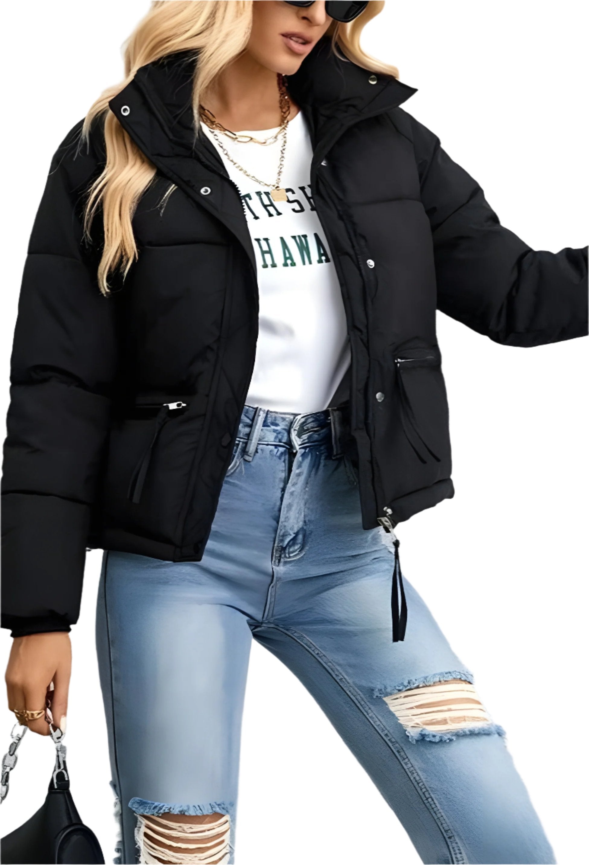 R&B | Warme Damen Pufferjacke mit Reißverschluss und Hohem Kragen