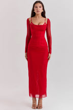R&B | Elegantes Maxikleid mit tiefem Ausschnitt und langen Ärmeln