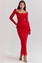 R&B | Elegantes Maxikleid mit tiefem Ausschnitt und langen Ärmeln