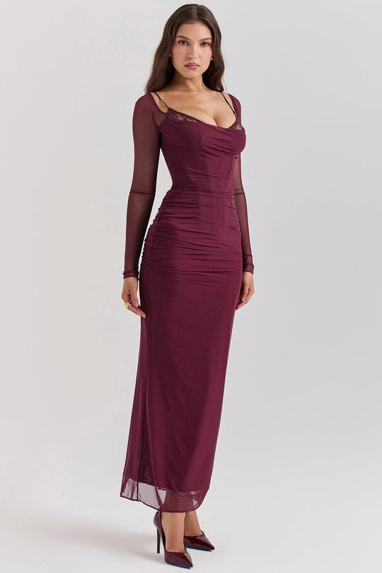 R&B | Elegantes Maxikleid mit tiefem Ausschnitt und langen Ärmeln