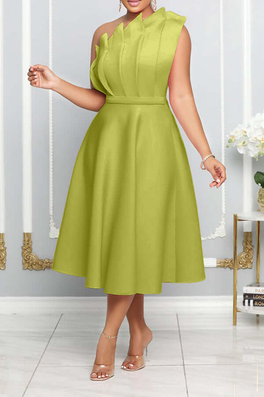 R&B | One Shoulder Midi Kleid Elegante A-Linie Passform Skulpturierte Details Festliche Kleidung