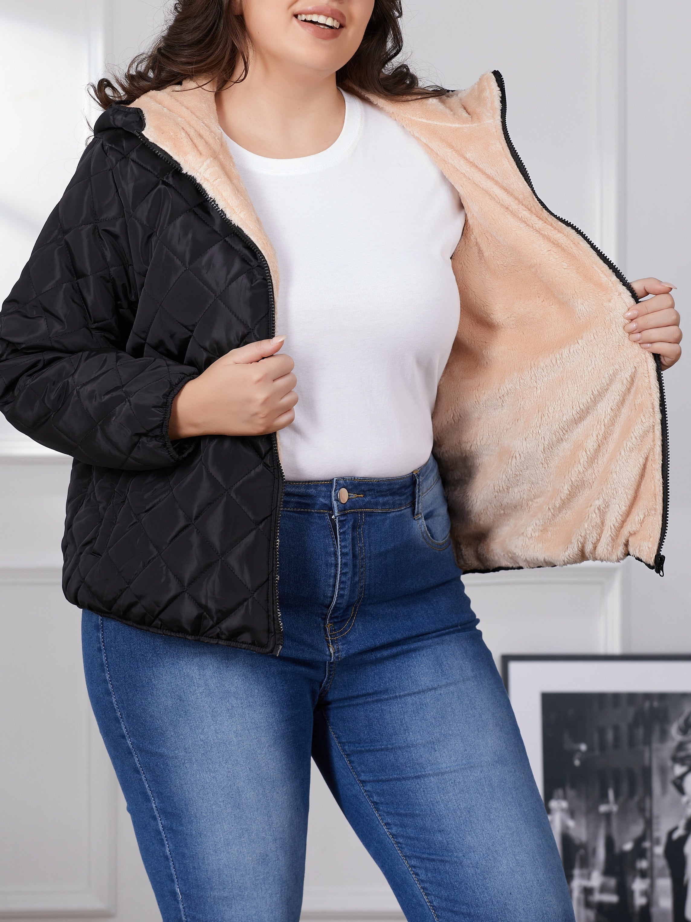 R&B | Plus Size Farbkombination Gesteppte Jacke mit Kapuze