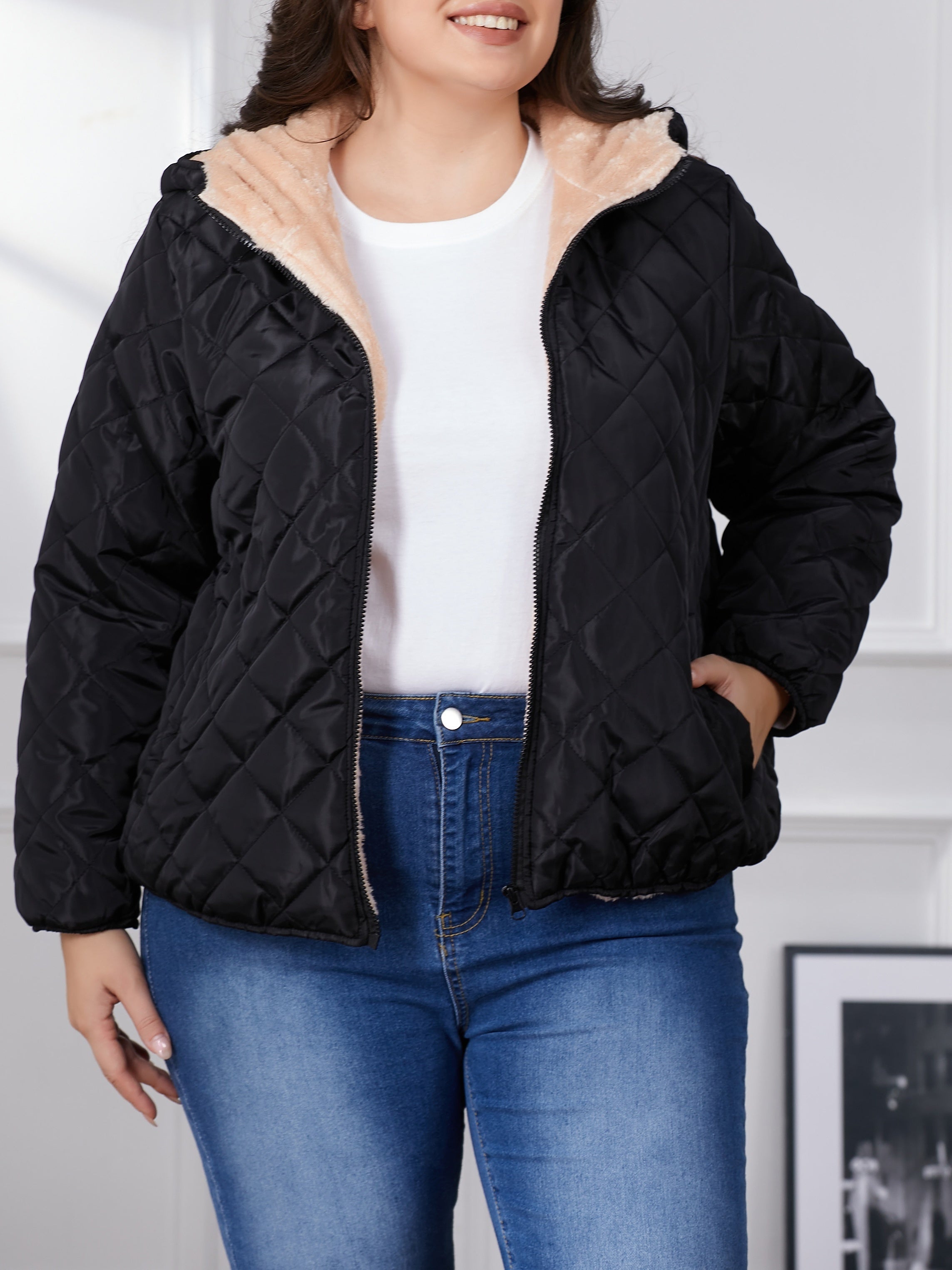 R&B | Plus Size Farbkombination Gesteppte Jacke mit Kapuze