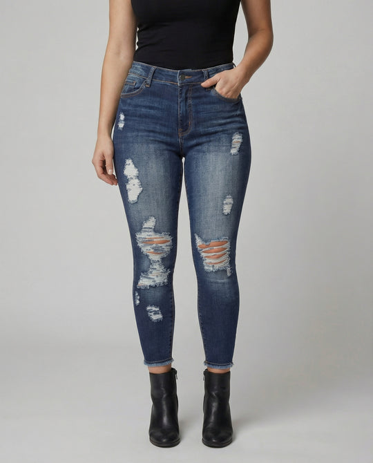 Damen figurbetonte Jeans im lässigen Destroyed-Look mit hohem Bund R&B