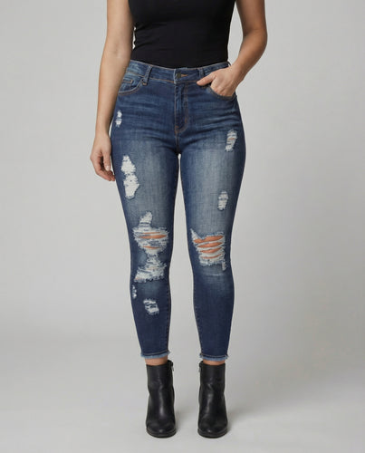 Damen figurbetonte Jeans im lässigen Destroyed-Look mit hohem Bund R&B