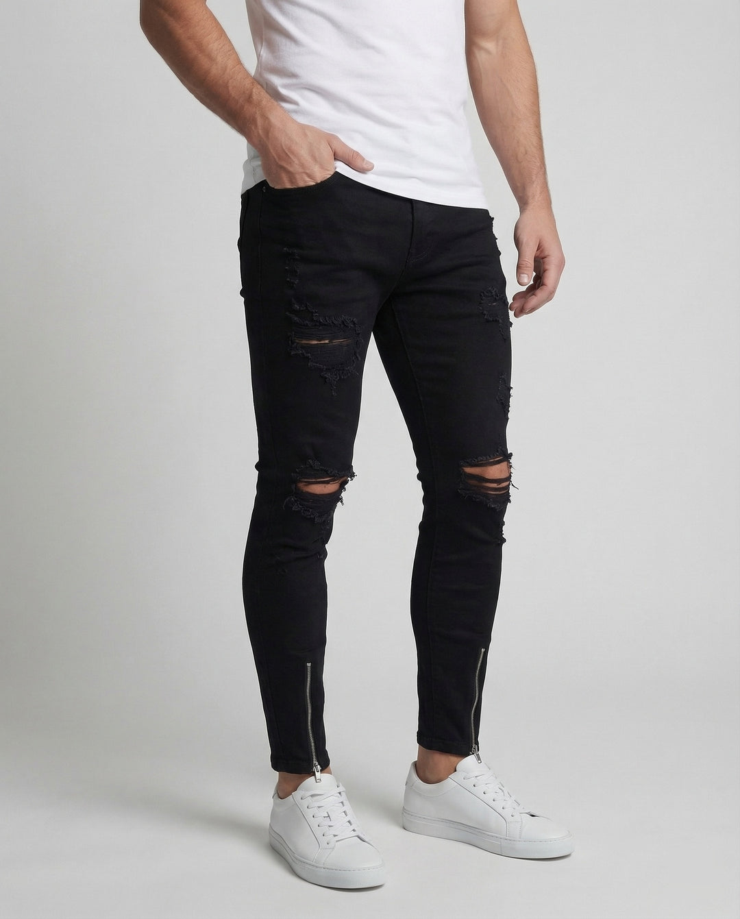 Herren Skinny Jeans mit Rissen & Saumreißverschluss