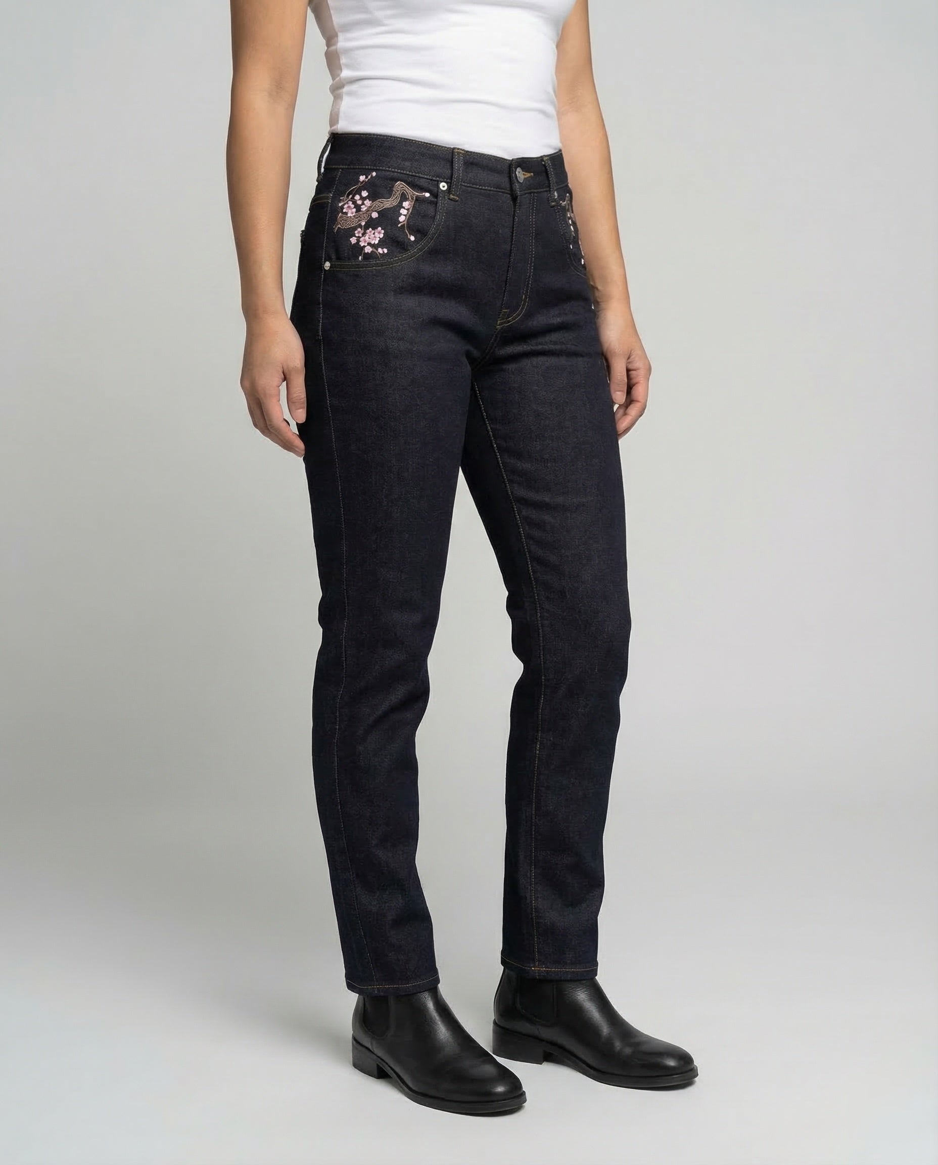 Damen Jeans High Waist Perlenstickerei