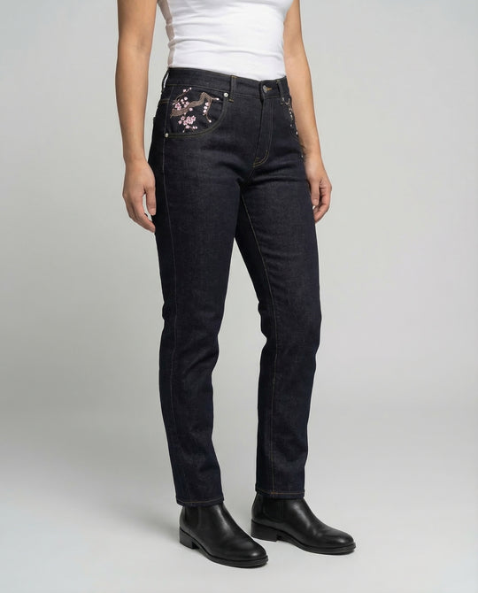 Damen Jeans High Waist Perlenstickerei