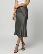 Damen eleganter Satin-Midirock mit fließendem Schnitt und hohem Bund R&B