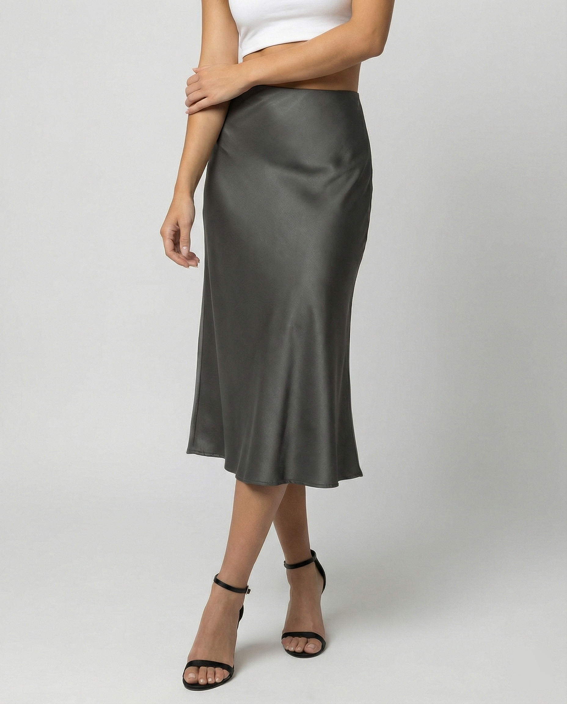 Damen eleganter Satin-Midirock mit fließendem Schnitt und hohem Bund R&B