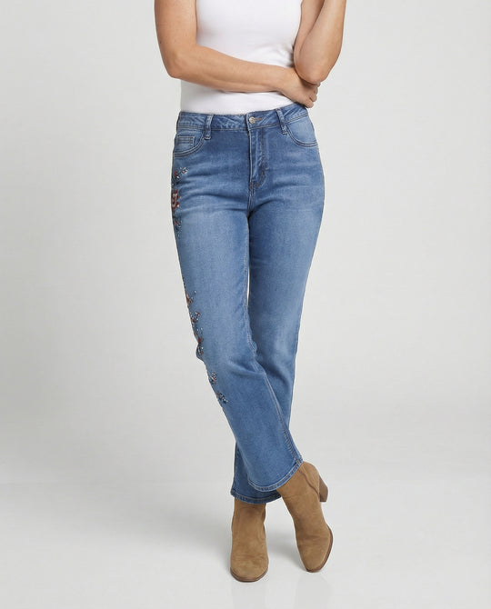 Damen Bootcut Jeans mit floraler Stickerei Stretch