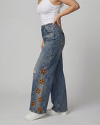 Damen Weit geschnittene Jeans im floralen Design mit bunten Applikationen R&B