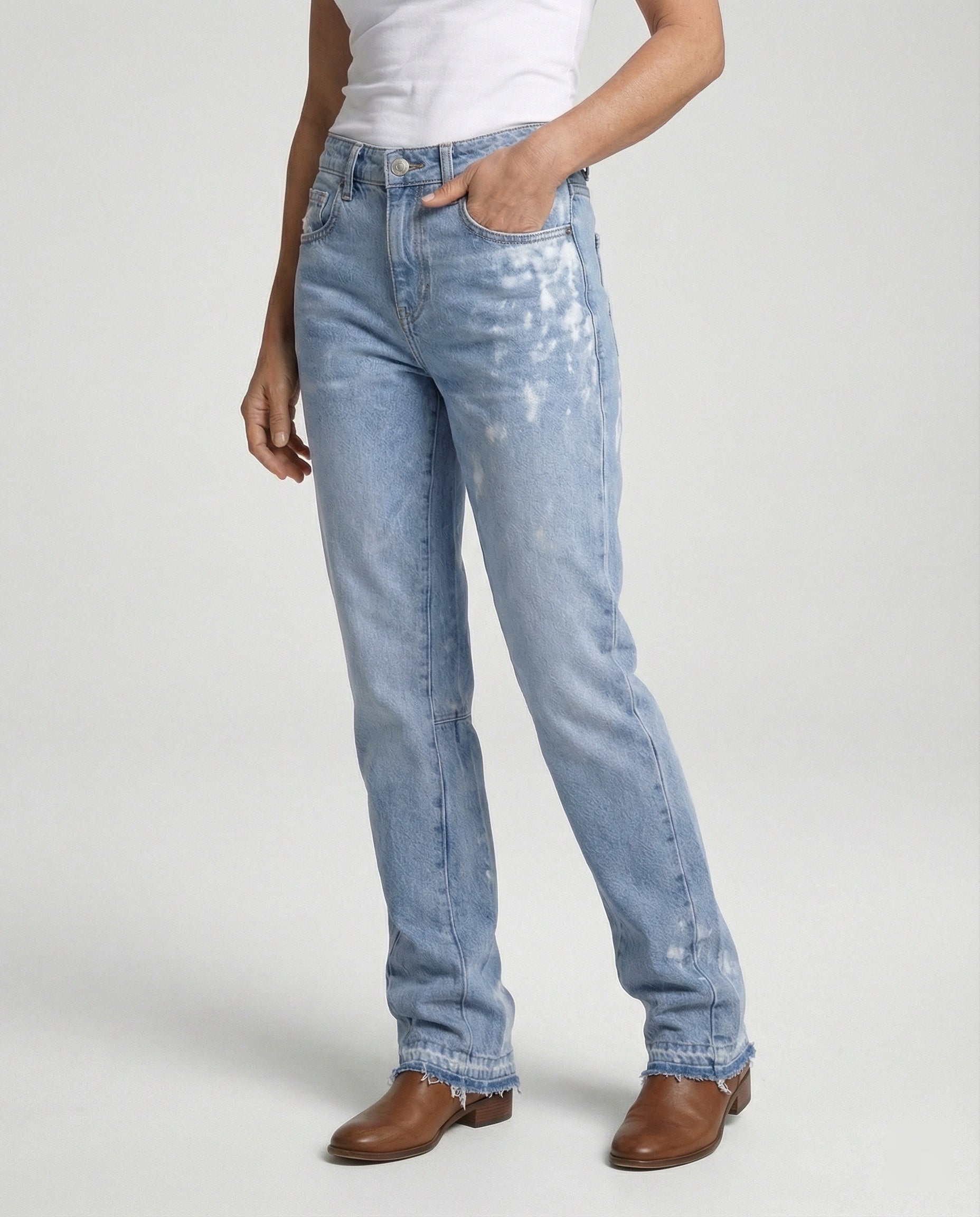 Damen High Waist Jeans mit Fransen Saum