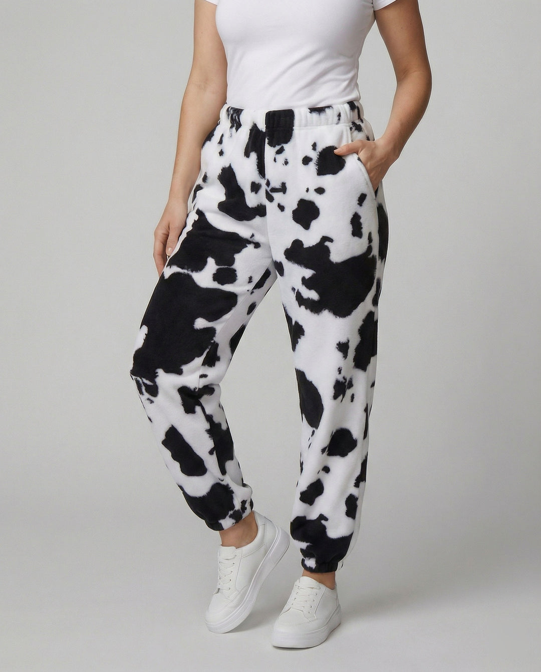 Damen Freizeithose im lässigen Cow-Print-Design mit elastischem Bund und Bündchen R&B