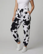 Damen Freizeithose im lässigen Cow-Print-Design mit elastischem Bund und Bündchen