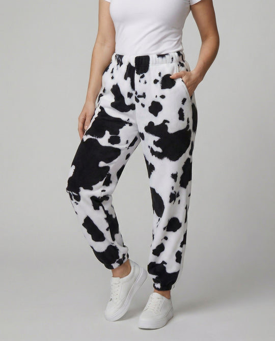 Damen Freizeithose im lässigen Cow-Print-Design mit elastischem Bund und Bündchen R&B