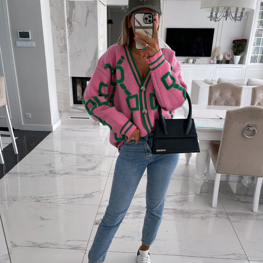 R&B | Oversized Cardigan Grafisches Muster Trendy Design