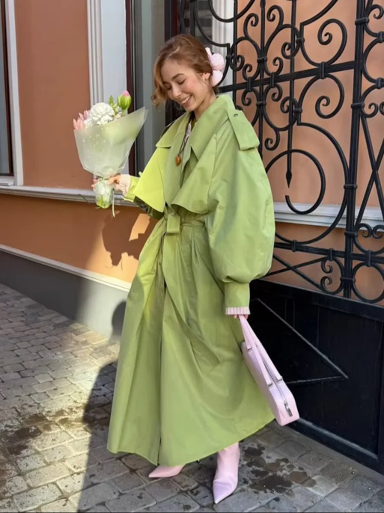 R&B | Übergröße Grüner Damen Trenchcoat mit Gürtel