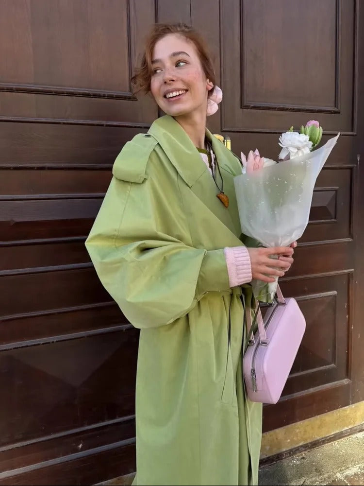 R&B | Übergröße Grüner Damen Trenchcoat mit Gürtel