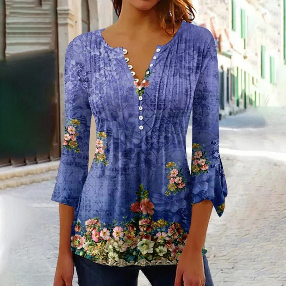 R&B | Damen V-Ausschnitt T-Shirt mit Knopfverschluss