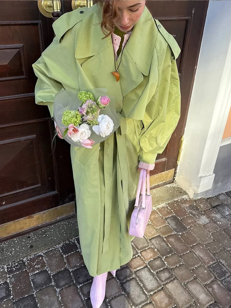 R&B | Übergröße Grüner Damen Trenchcoat mit Gürtel