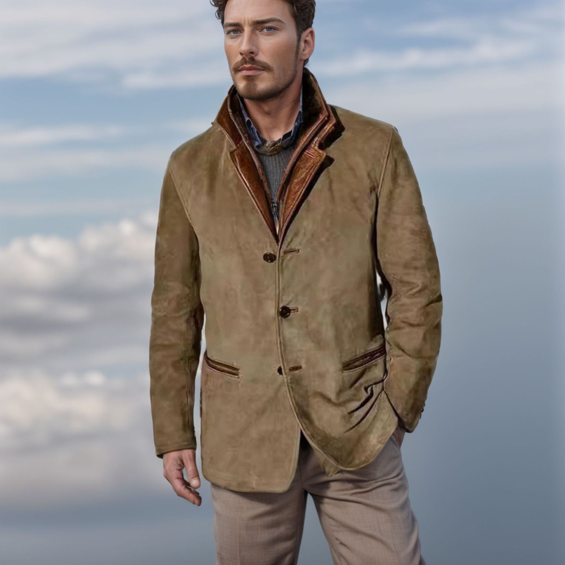 R&B | Herren Wildlederjacke mit Lederbesatz - Reverskragen-Design