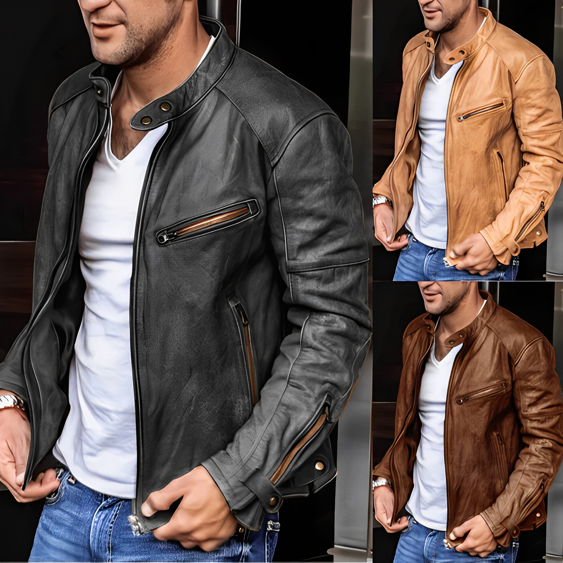 R&B | Herren Vintage Stehkragen PU Lederjacke
