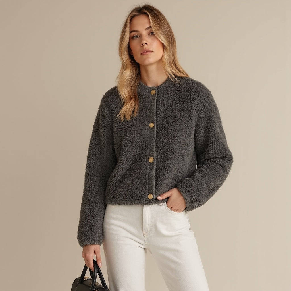 R&B | Cardigan - Damen Herbst Flauschiger Strickcardigan mit Dekorativen Knöpfen