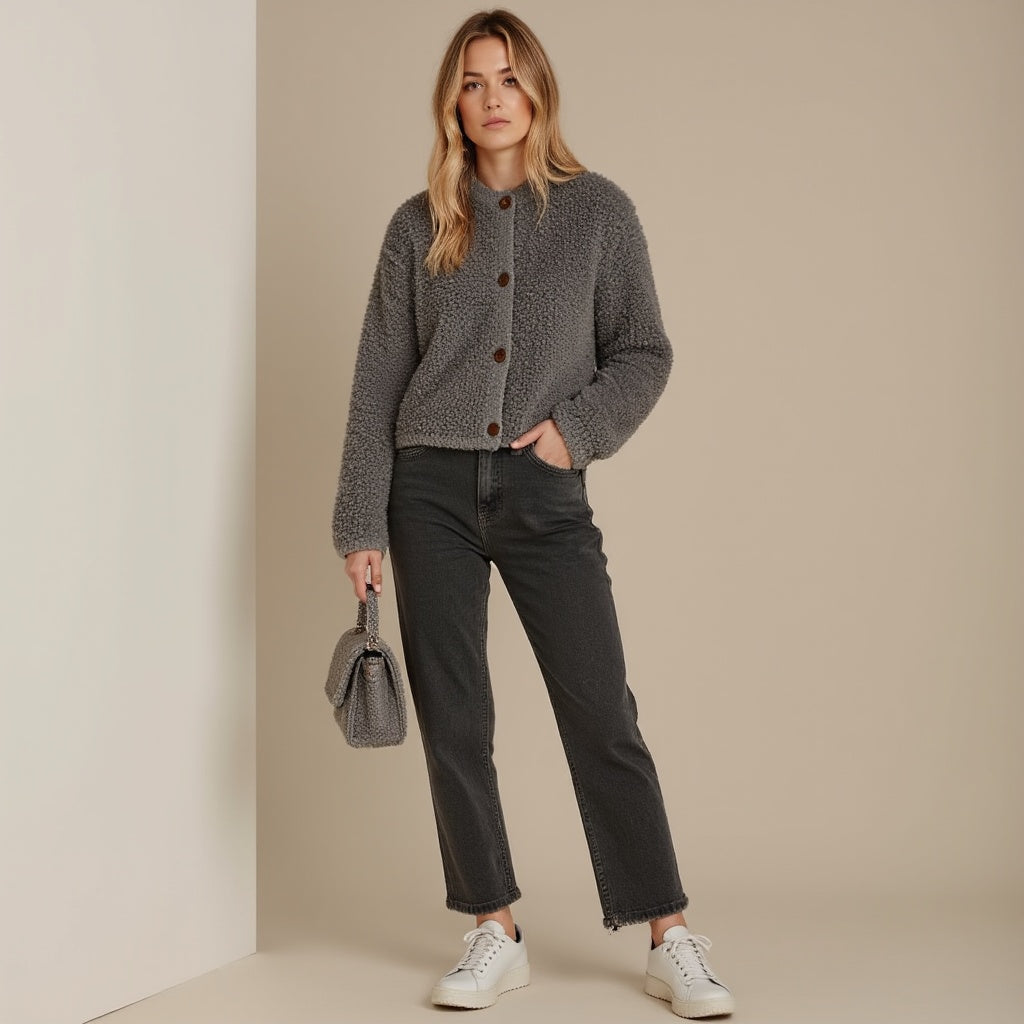 R&B | Cardigan - Damen Herbst Flauschiger Strickcardigan mit Dekorativen Knöpfen