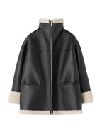 R&B | Übergröße Kunstleder Shearling Jacke in Schwarz