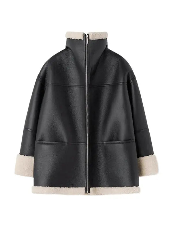 R&B | Übergröße Kunstleder Shearling Jacke in Schwarz