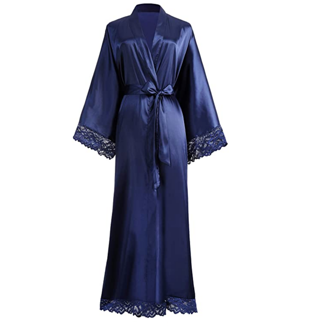 R&B | Lange Bademantel aus Satin mit Spitzen Details