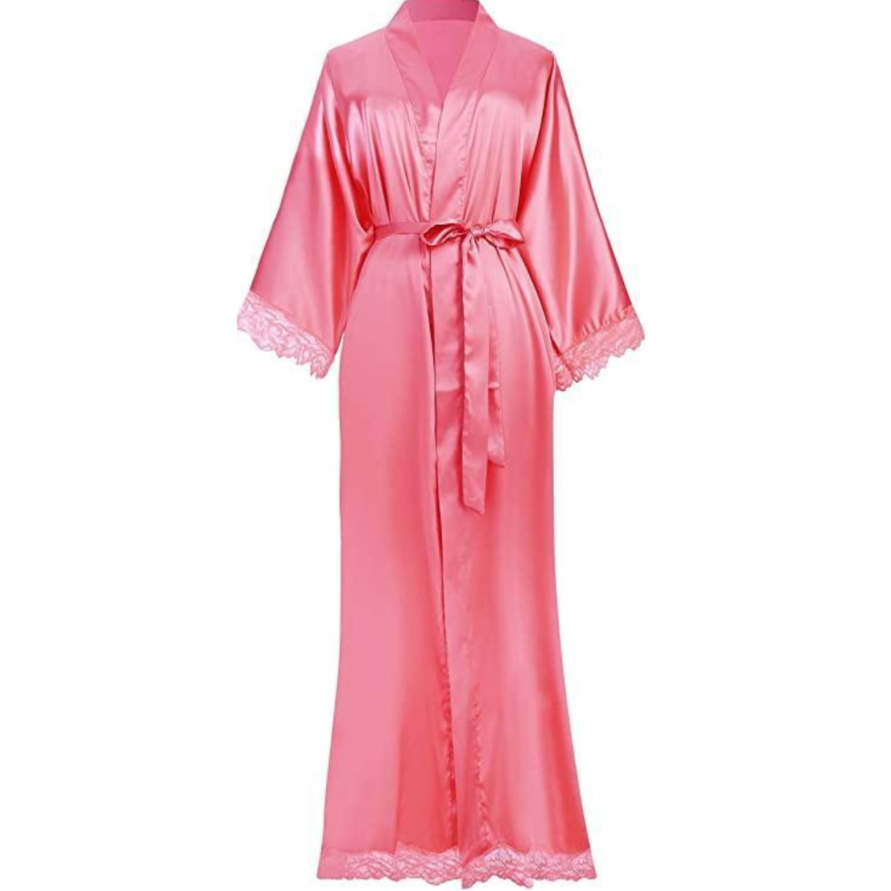R&B | Lange Bademantel aus Satin mit Spitzen Details