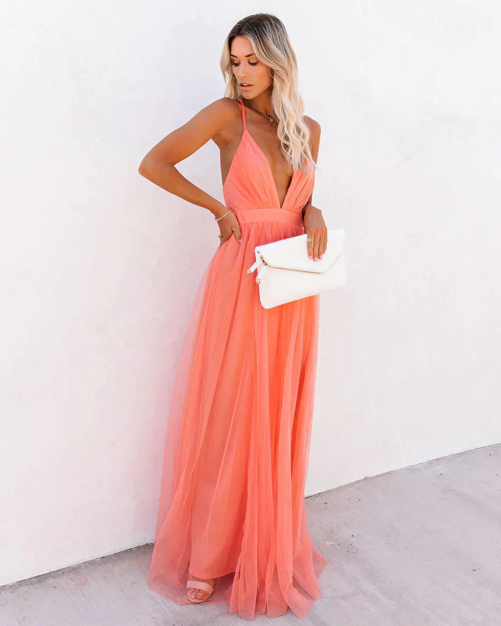 R&B | Elegantes orangefarbenes Kleid mit Trägern für Frauen