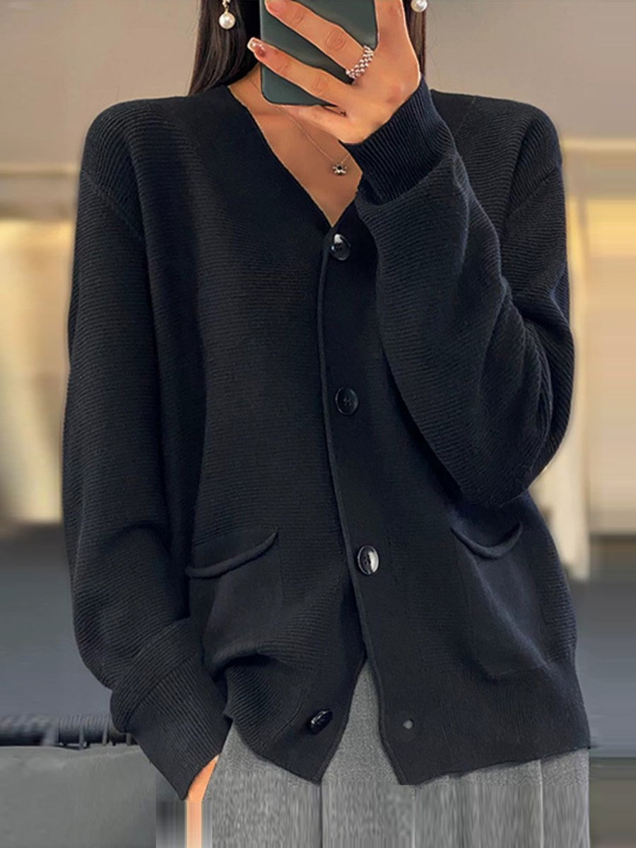 R&B | Cardigan - Taschen Einfarbiger V-Ausschnitt Strick-Cardigan, Einfach und Vielseitig