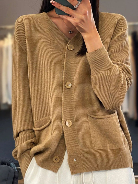 R&B | Cardigan - Taschen Einfarbiger V-Ausschnitt Strick-Cardigan, Einfach und Vielseitig