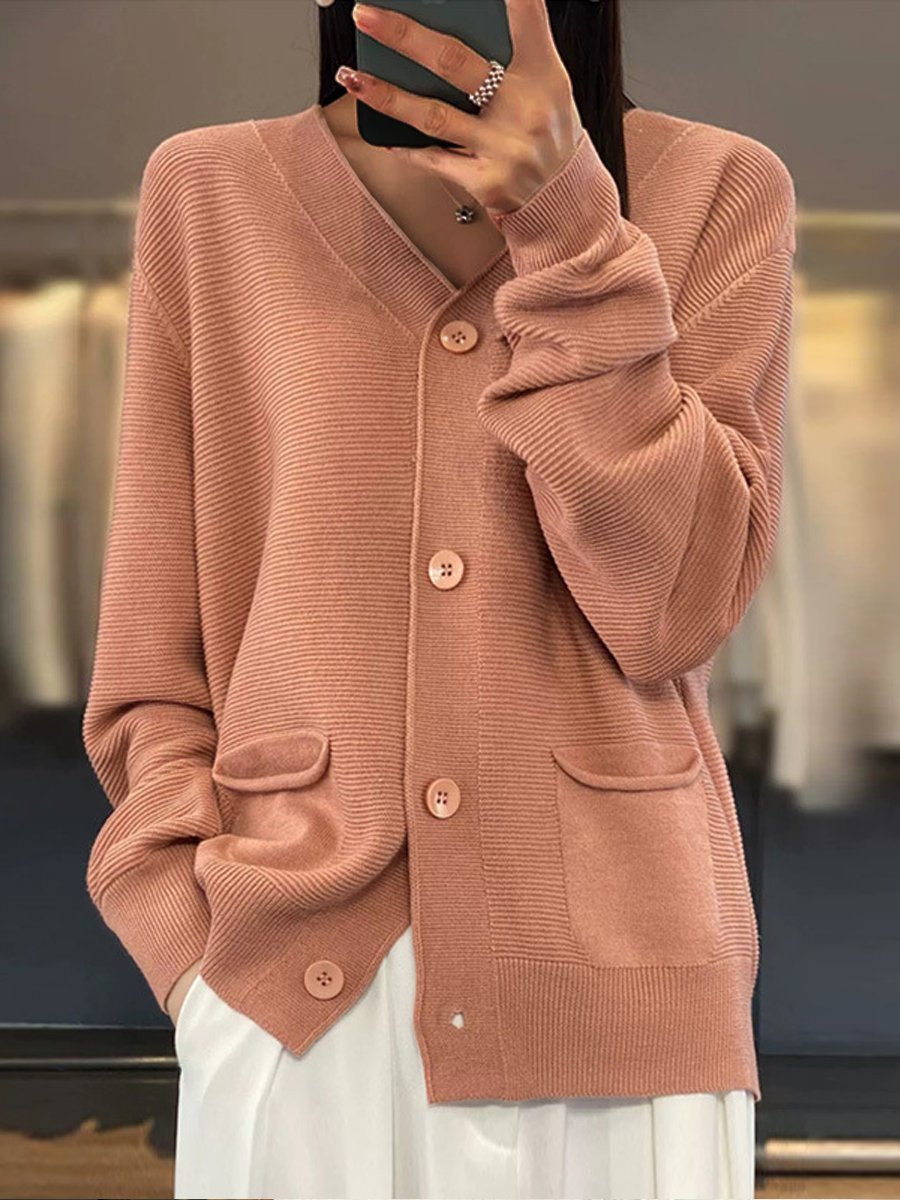 R&B | Cardigan - Taschen Einfarbiger V-Ausschnitt Strick-Cardigan, Einfach und Vielseitig
