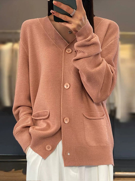 R&B | Cardigan - Taschen Einfarbiger V-Ausschnitt Strick-Cardigan, Einfach und Vielseitig
