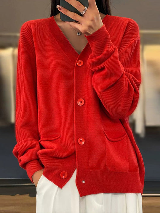 R&B | Cardigan - Taschen Einfarbiger V-Ausschnitt Strick-Cardigan, Einfach und Vielseitig