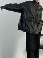 R&B | Oversized Schwarzer Veganer Lederjacke mit Reißverschluss