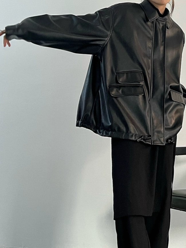R&B | Oversized Schwarzer Veganer Lederjacke mit Reißverschluss