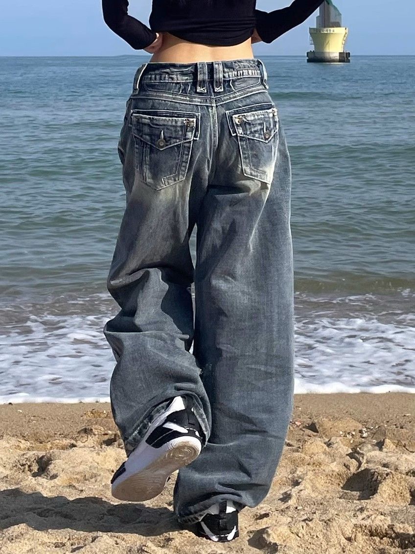R&B | Hop Gewaschene Distressed Hoher Taille Baggy Jeans